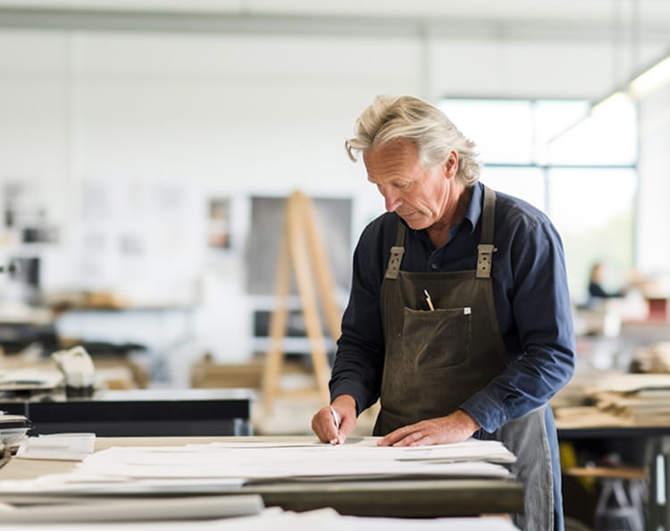 Older man with grey hair wearing a dark apron working on large sheets of paper in a bright design studio.