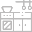 Minimalist kitchen cabinet with oven, stove, sink, and hanging kitchen utensils icon.