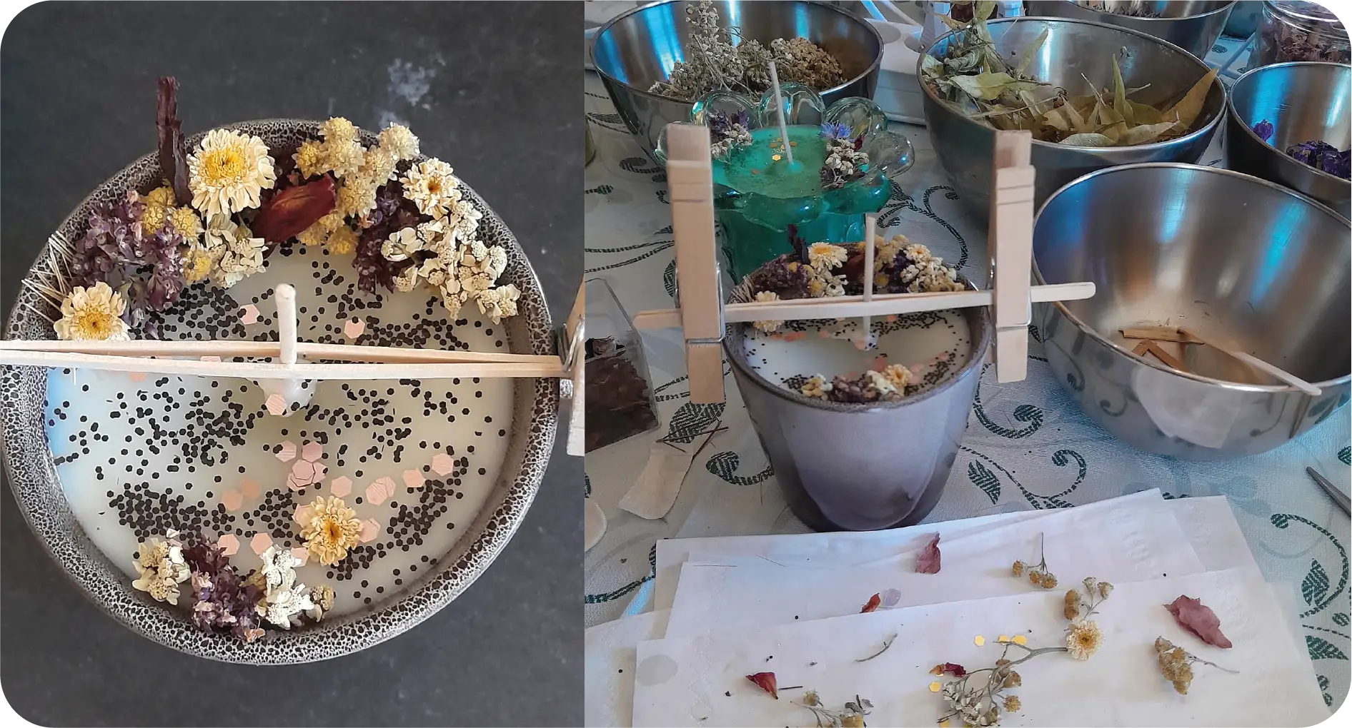 Handmade candles in containers decorated with dried flowers, with wooden sticks and clothespins holding the wicks in place on a table with bowls and floral crafting materials.
