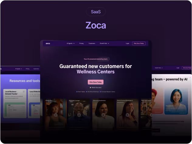 Zoca SaaS website design showcasing AI-powered marketing platform for wellness and salon businesses
