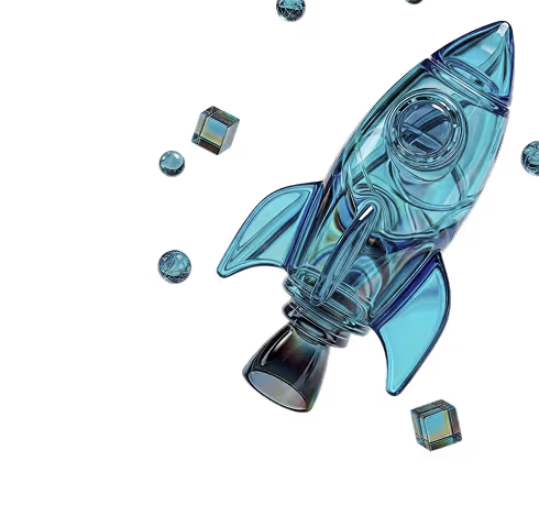 3D rocket with floating elements representing fully built and high-performing digital products ready for launch