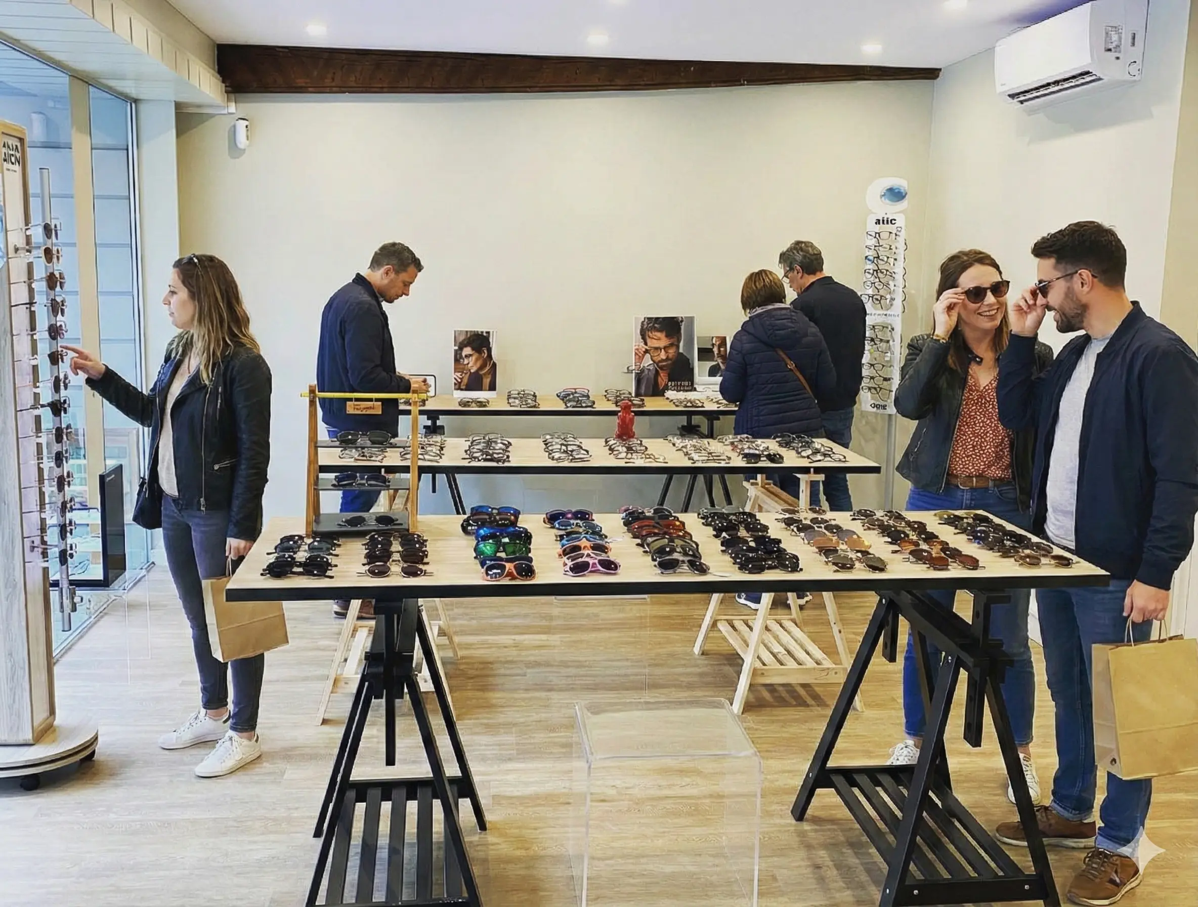 Clients essayant lunettes soleil ambiance conviviale magasin Phil'Optique Aube