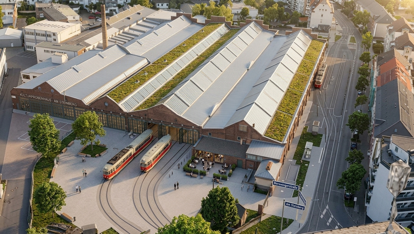 Luftaufnahme Kulturprobenhaus Am Steinberg – sanierte denkmalgeschützte Hallen mit begrüntem Dach, historischen Straßenbahnen und neuer Platzgestaltung