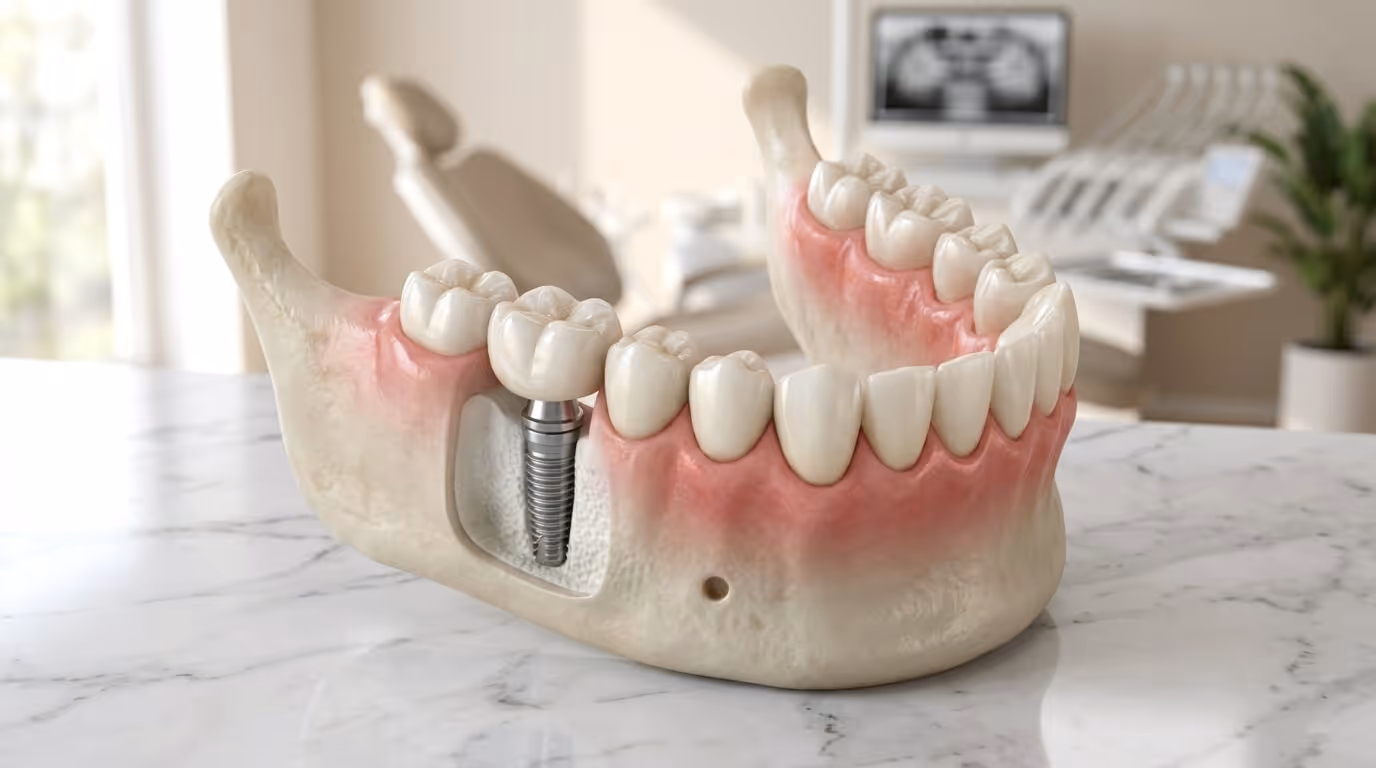 Model anatomiczny dolnego łuku zębowego z pojedynczym implantem zębowym