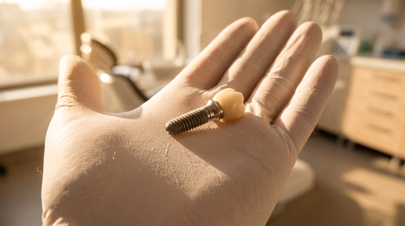 Pojedynczy implant zębowy z koroną leżący na dłoni w rękawiczce lekarskiej
