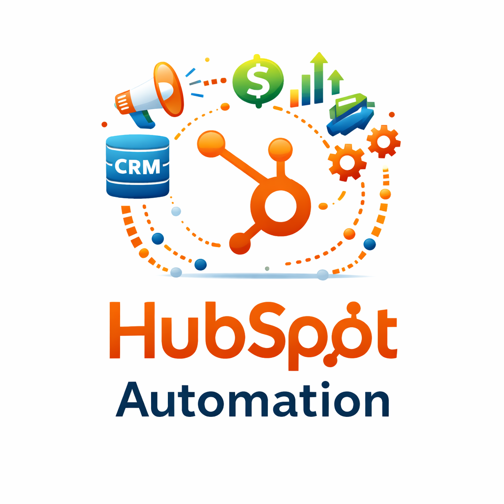 HubSpot Automation logo with icons representing CRM, marketing, sales growth, and gear settings around the HubSpot symbol.