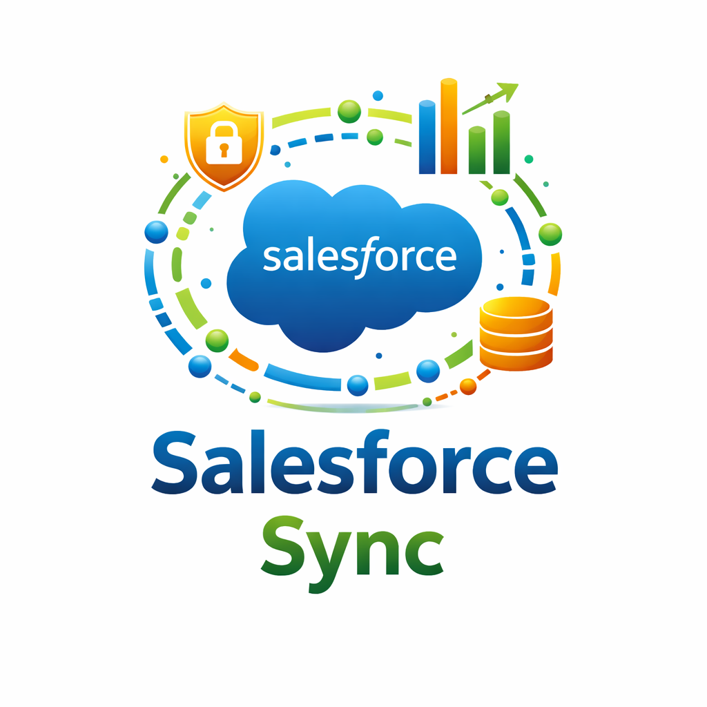 Salesforce Sync logo with Salesforce cloud surrounded by icons of a lock shield, bar chart, and database stack.
