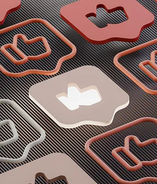 3D thumbs-up icons inside speech bubbles arranged on a striped dark surface.