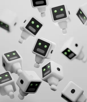 Multiple floating white robot heads with black faces and green eyes against a gray background.