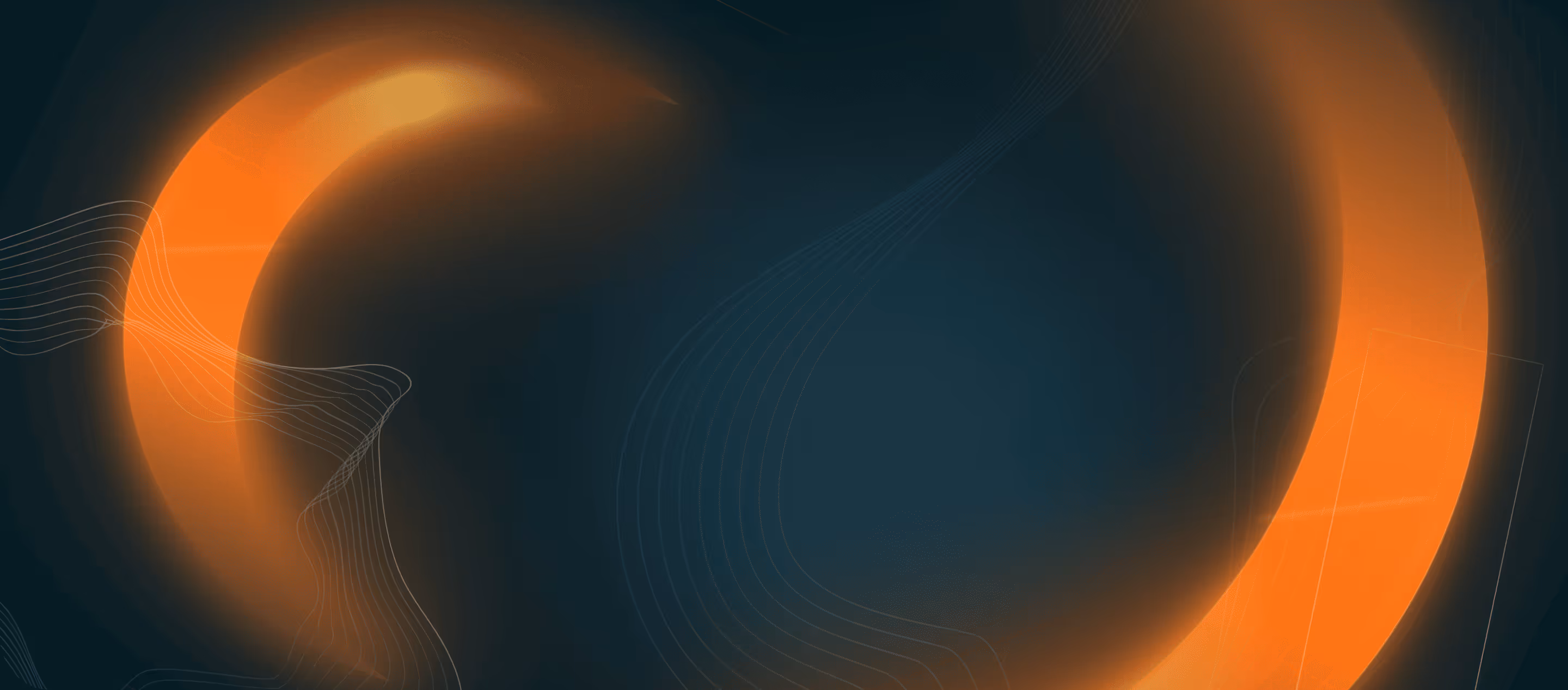 Abstract dark background with two large glowing orange circular shapes and subtle wavy line patterns.
