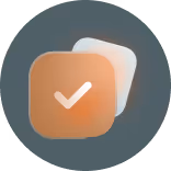 Two overlapping rounded square shapes, the front one in orange with a white checkmark inside.