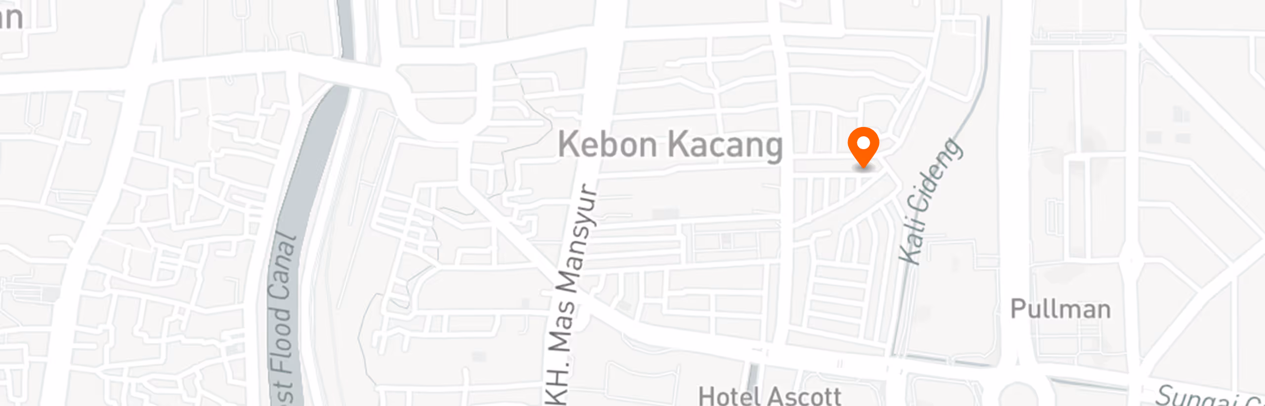 Map showing a location pin near Kebon Kacang area with nearby labeled streets including KH. Mas Mansyur and Kali Cideng river.