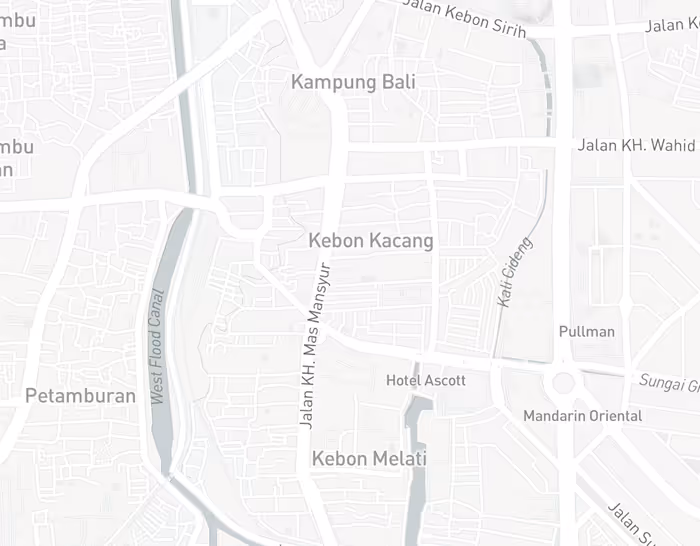 Map showing areas in Jakarta including Kampung Bali, Kebon Kacang, Kebon Melati, and Petamburan with notable locations Hotel Ascott and Mandarin Oriental.