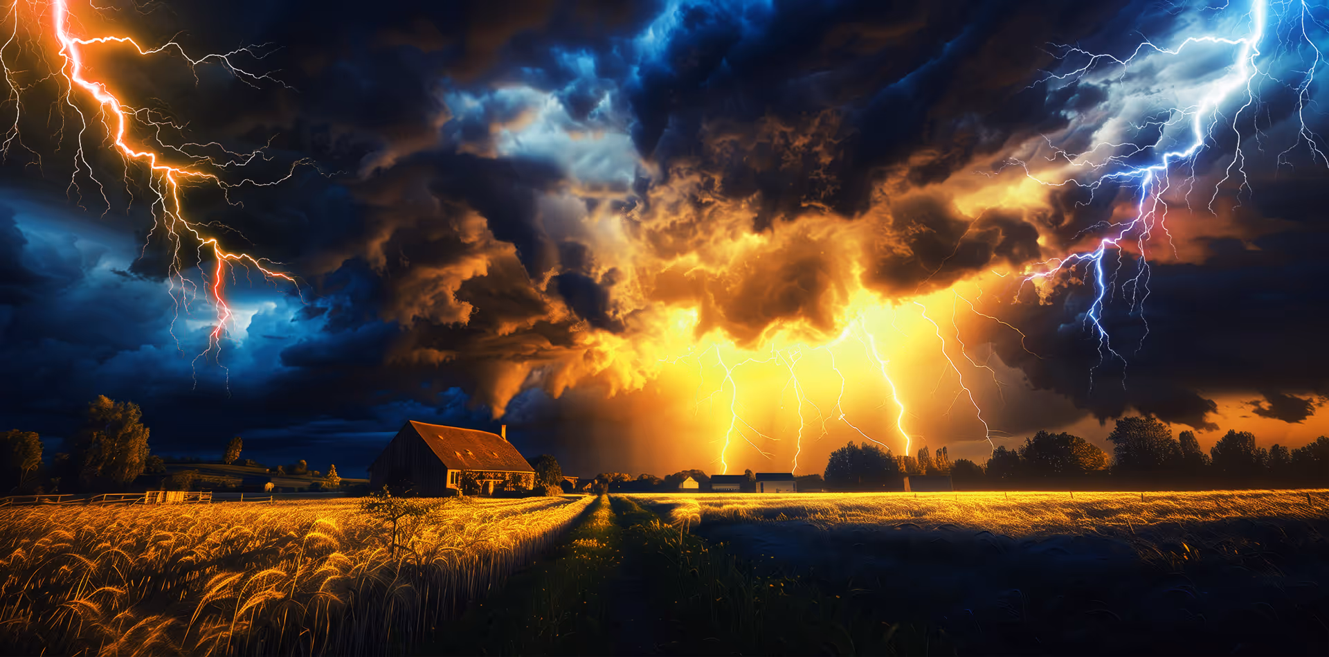 Dramatic stormy sky with multiple lightning strikes over a rural field and a barn at sunset.