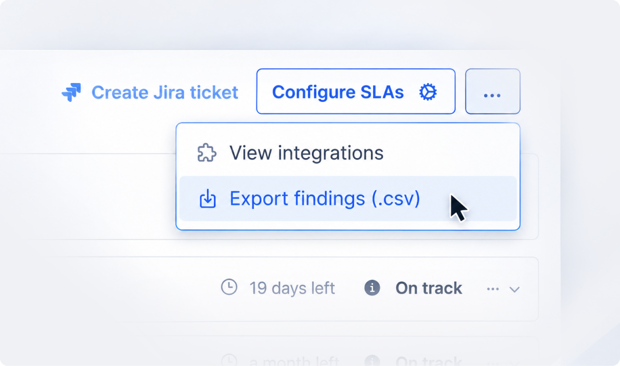 An actions menu open on Export findings as CSV, beside controls to create a Jira ticket and configure SLAs
