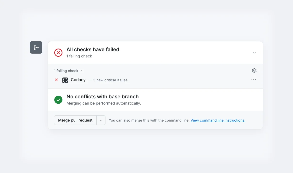 GitHub pull request with a failing Codacy check that reports 3 new critical issues