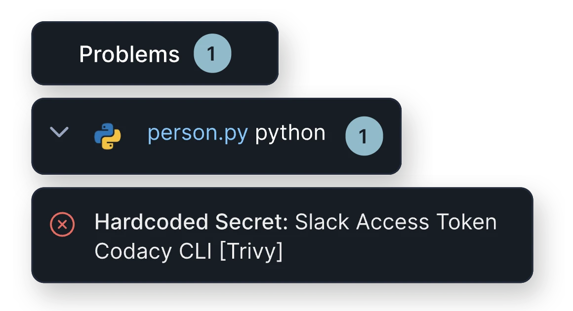 IDE Problems panel with a hardcoded Slack access token in a Python file, flagged by the Codacy CLI with Trivy