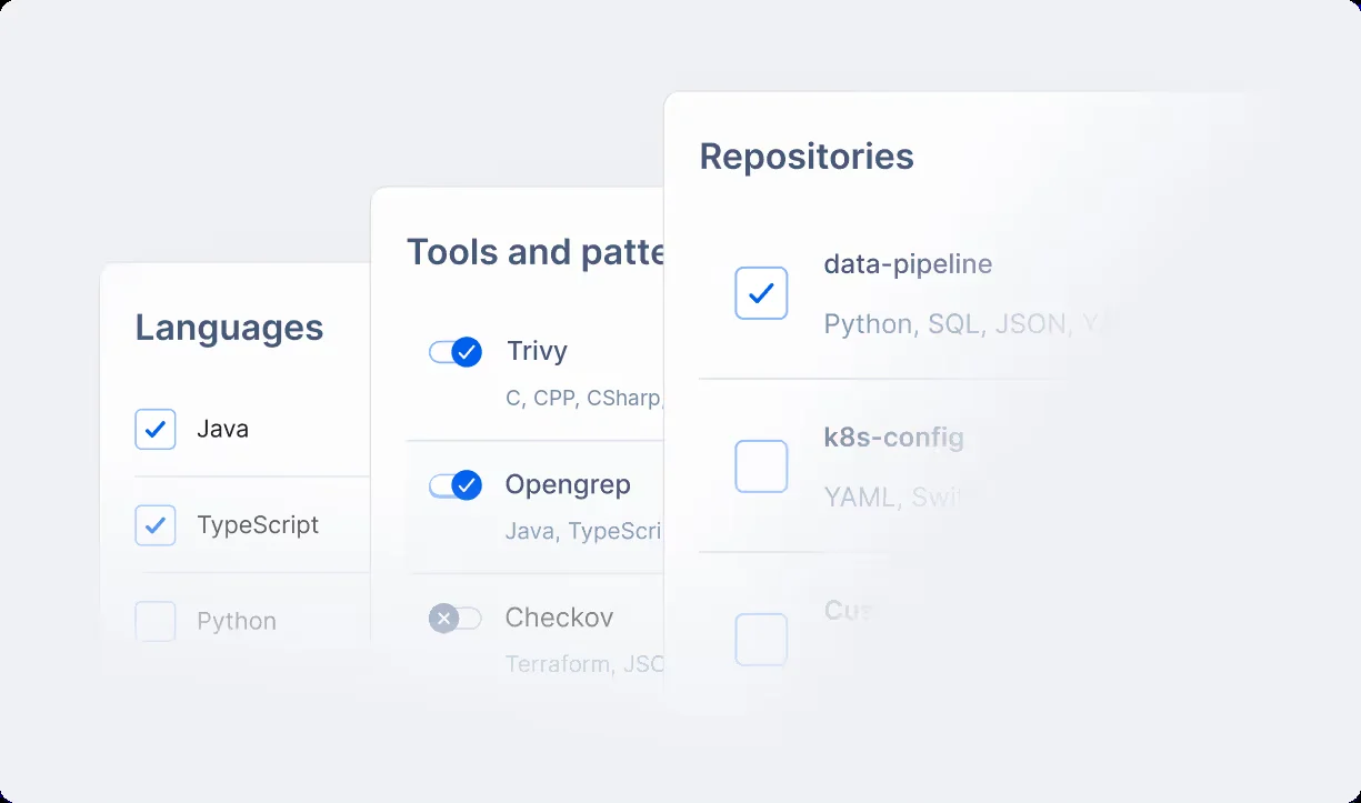 Codacy settings with languages, security tools such as Trivy, Opengrep and Checkov, and the repositories they apply to