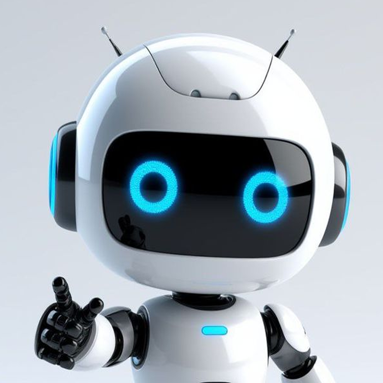 Witte robot met groot zwart scherm en blauwe cirkelogen die een vredesteken geeft met zijn hand.