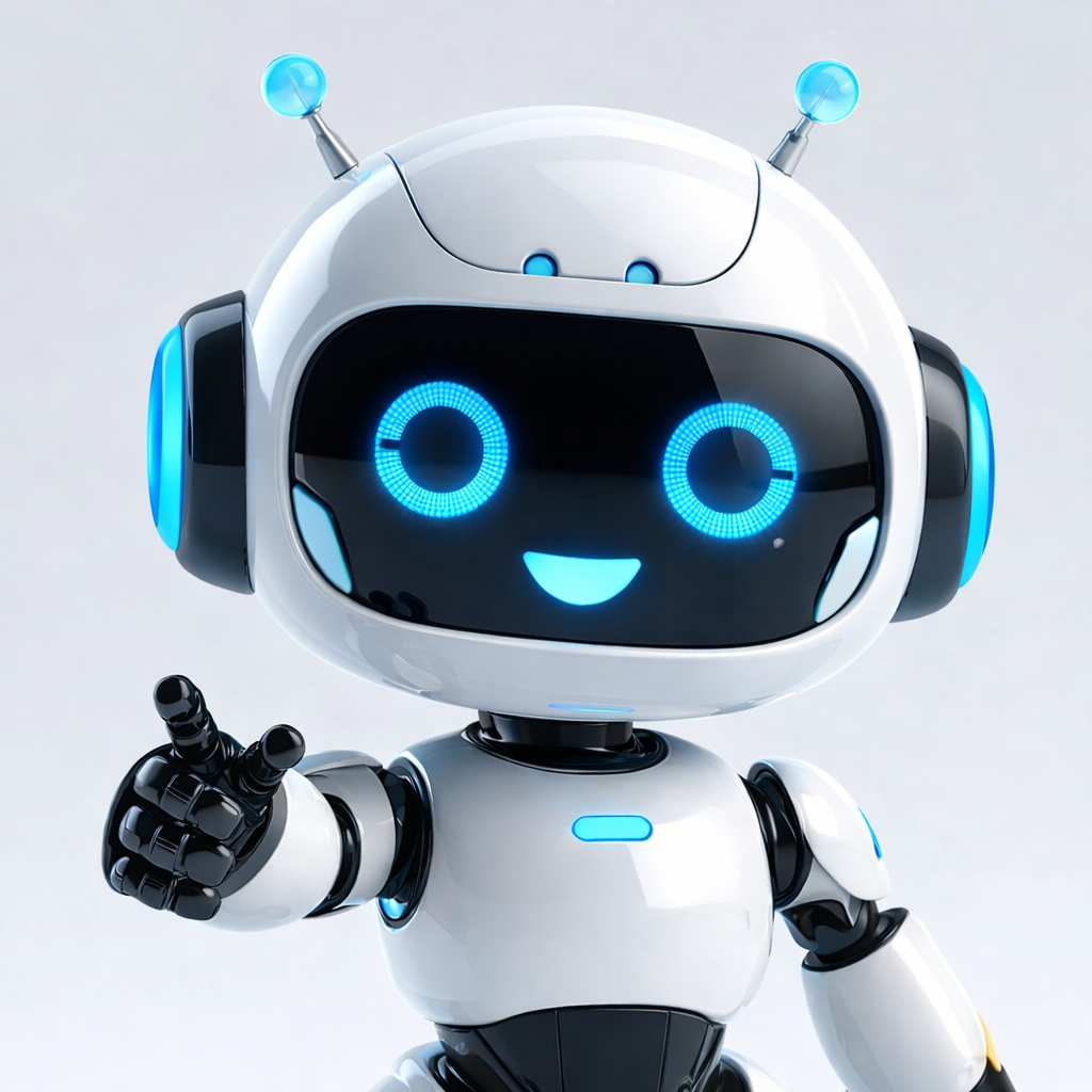 Vriendelijke witte en blauwe robot met een glimlach en vredesteken met de rechterhand.