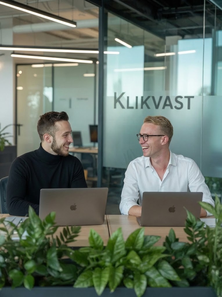 Twee mannen die lachen en praten terwijl ze achter laptops zitten in een modern kantoor met groene planten op de voorgrond.