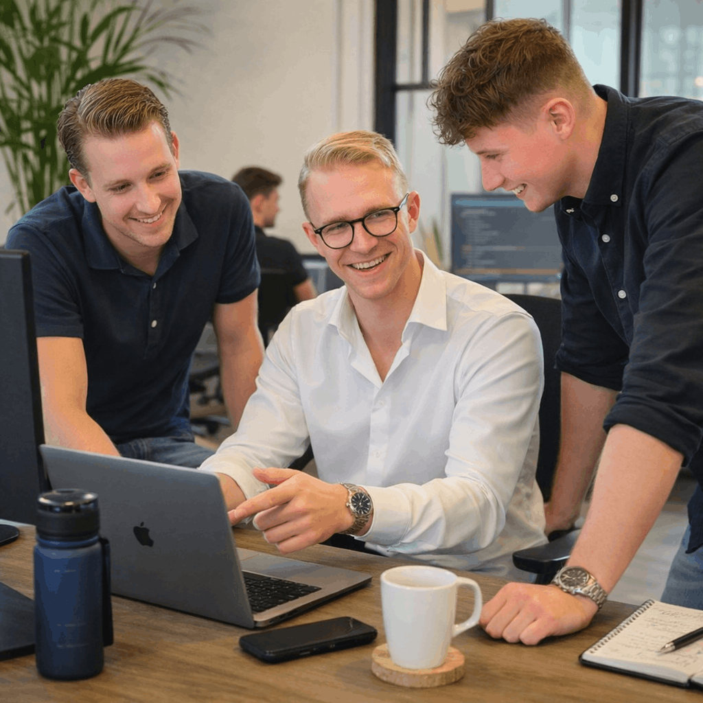Drie jonge mannen lachen en werken samen aan een laptop aan een bureau in een kantooromgeving.