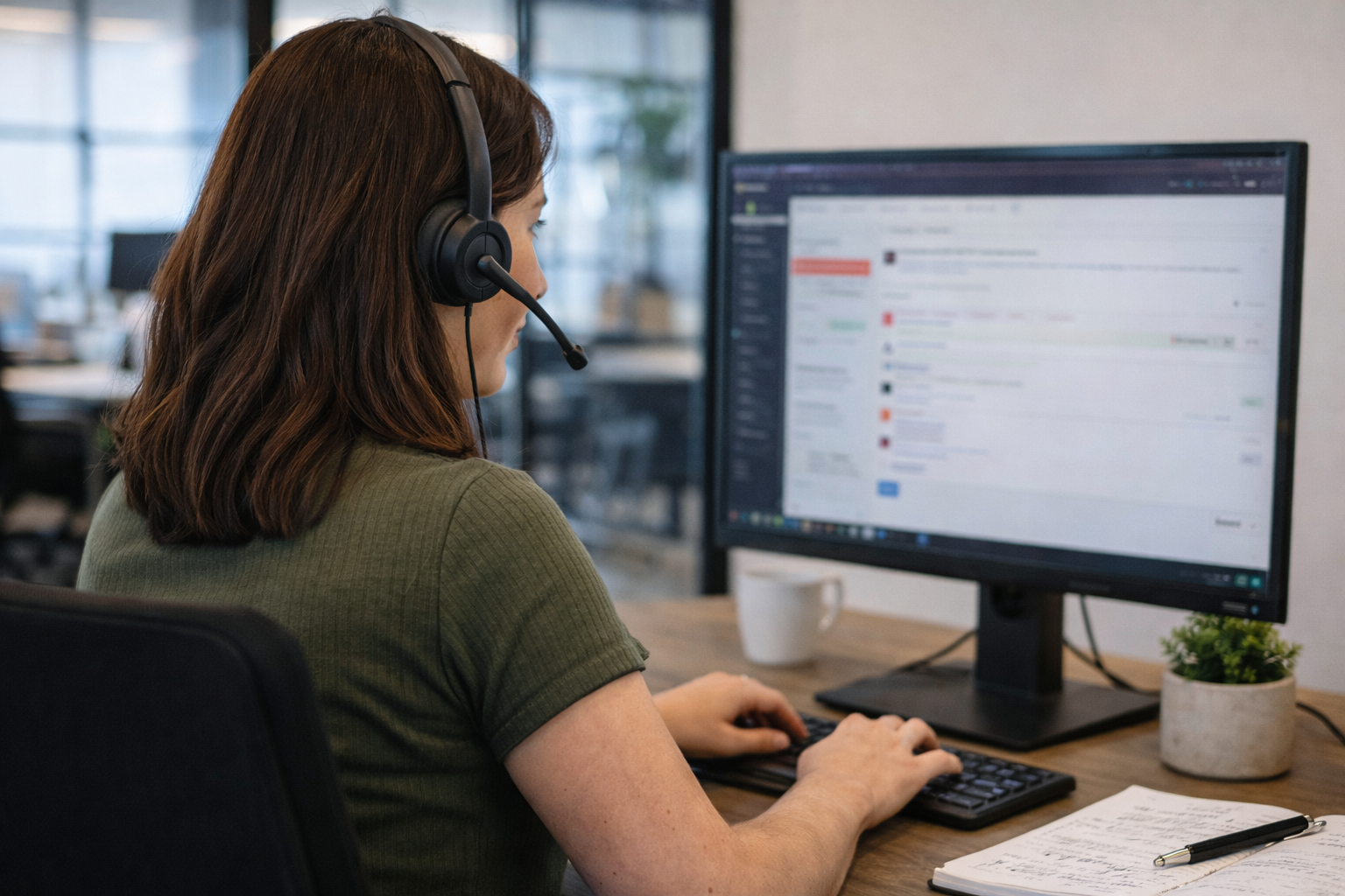 Vrouw met headset werkt aan een computer met notitieboek en pen op het bureau.