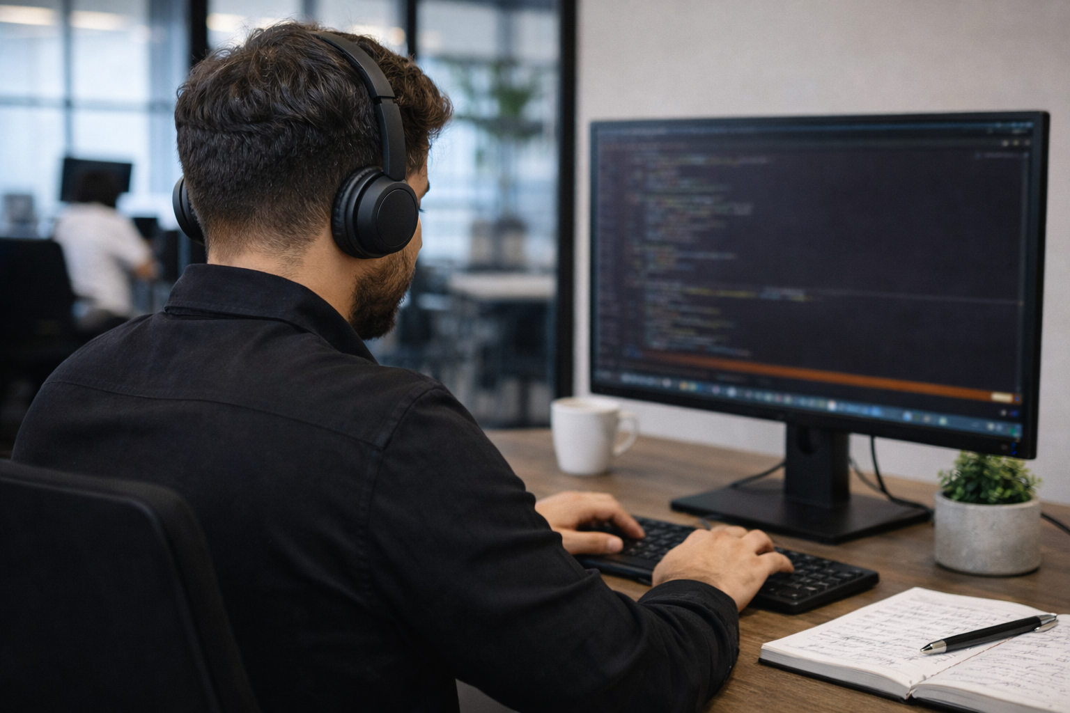 Man met koptelefoon typt code op een computer in een kantooromgeving.