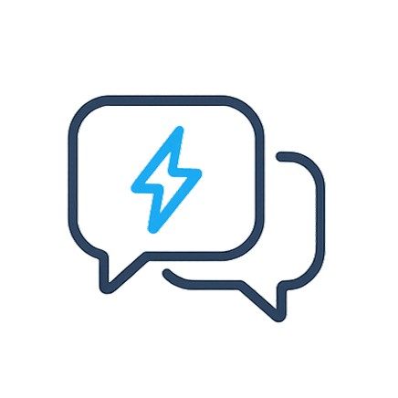 Twee tekstballonnen, waarvan één met een blauw bliksemschicht-symbool erin.