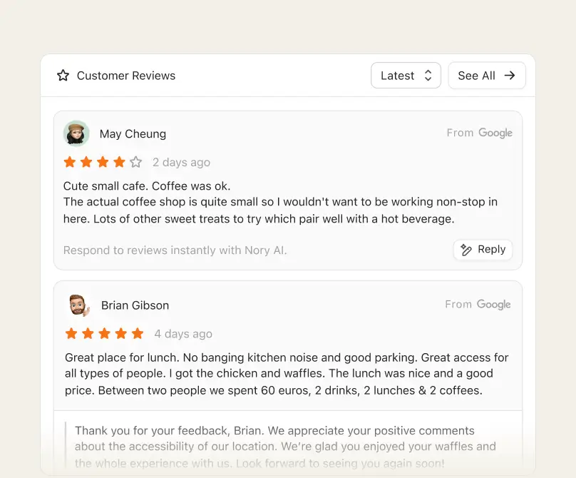 Example of customer reviews from Google for a small coffee shop using Nory AI interface