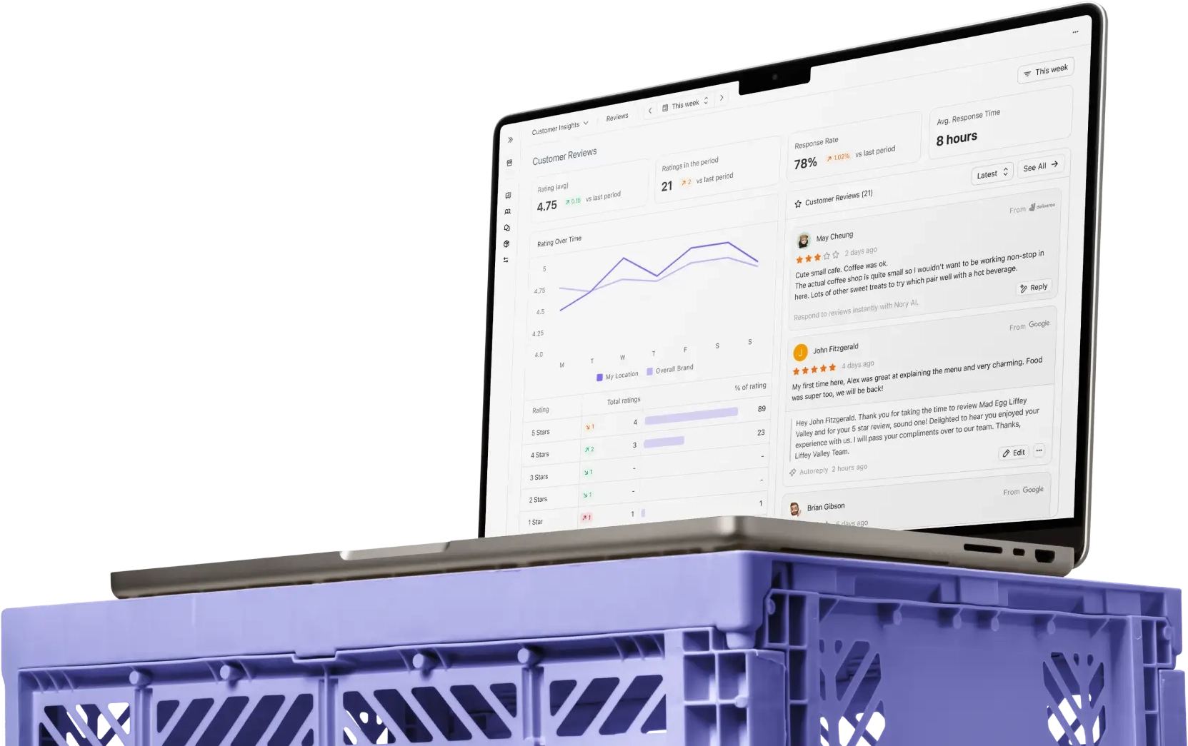 Laptop displaying Nory customer review analytics dashboard, placed on a purple crate.