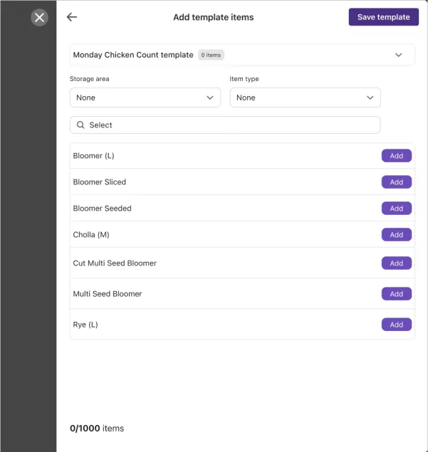 Screen showing Nory dashboard and stock cunt template feature