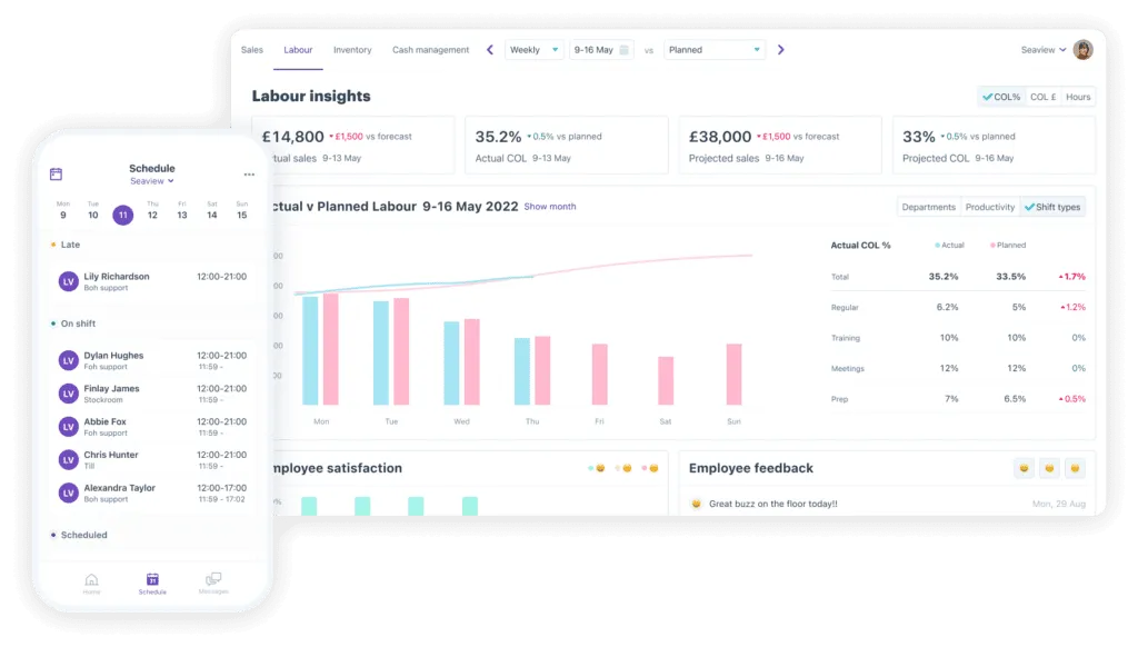 Labour insights desktop and staff schedules on the Nory mobile app