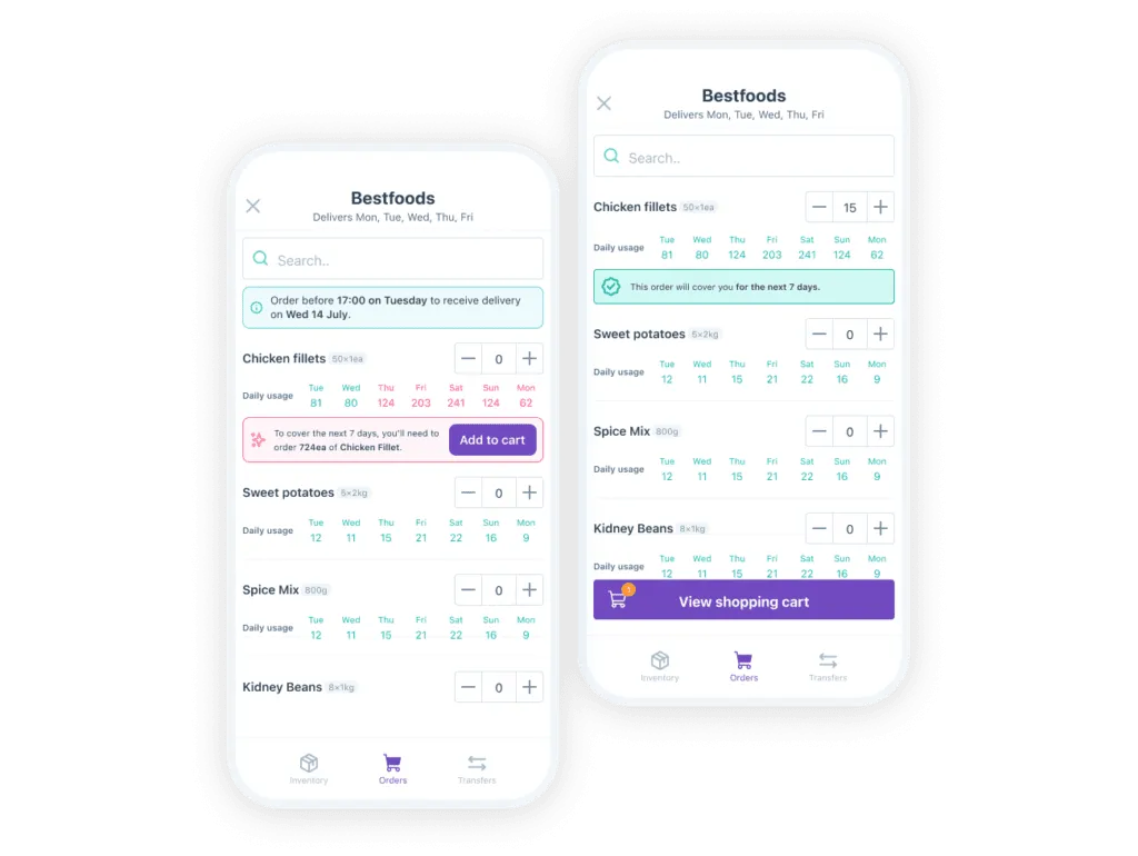 Nory's mobile app suggesting inventory orders to meet demand