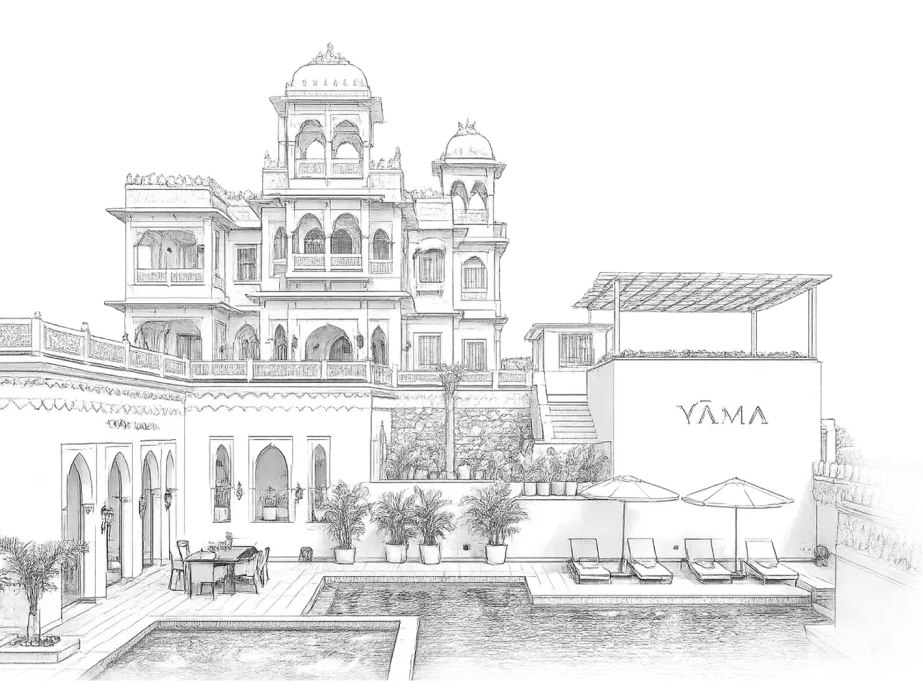 Pencil sketch of the YAMA Villa courtyard with pool, lounge chairs and domed towers