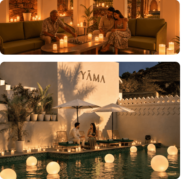 Candlelit indoor evening with guests on olive sofas