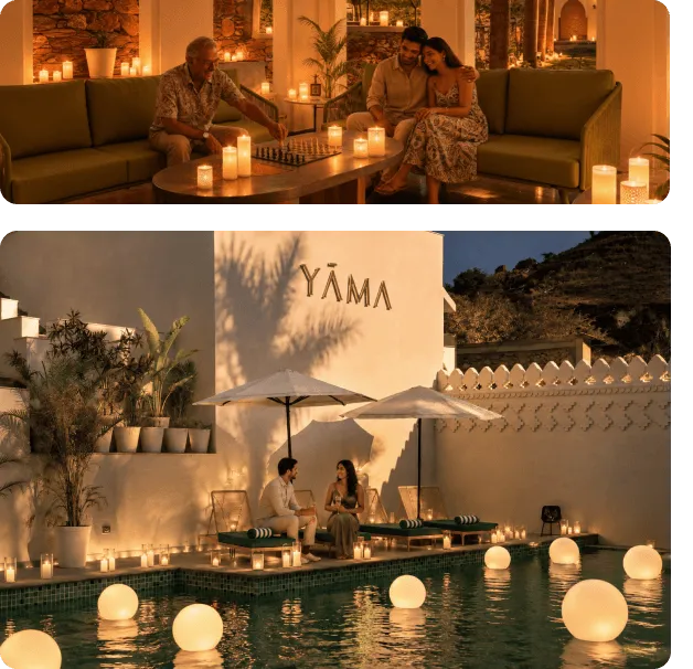 Candlelit indoor evening with guests on olive sofas