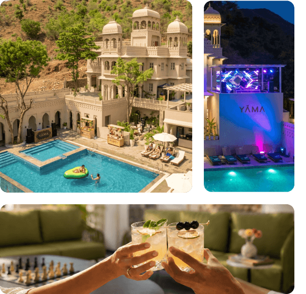 Aerial daytime pool view with floating guest and villa backdrop