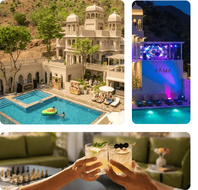 Aerial daytime pool view with floating guest and villa backdrop
