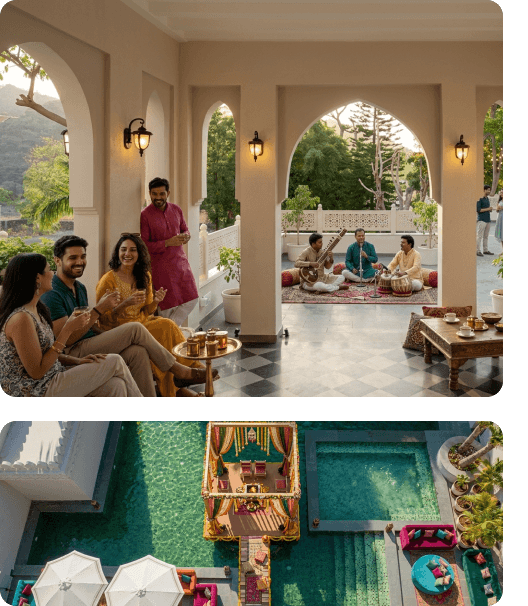 Guests enjoying live music under arched verandah