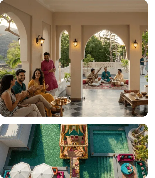 Guests enjoying live music under arched verandah