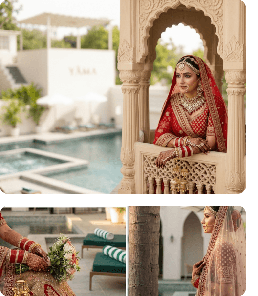 Bride in red bridal attire posed in a carved stone archway