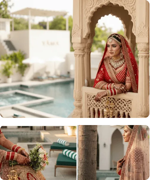 Bride in red bridal attire posed in a carved stone archway