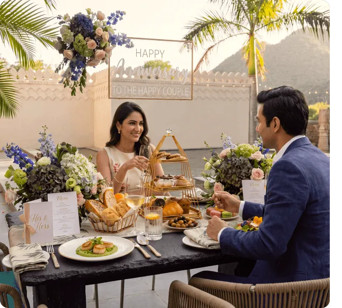 Couple dining outdoors at a floral-decorated anniversary table