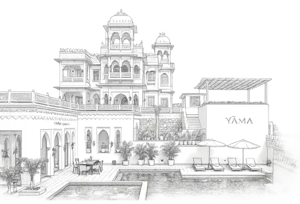 Pencil sketch of the YAMA Villa courtyard with pool, lounge chairs and domed towers