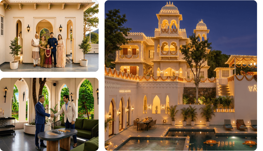 Family posing together at villa entrance, Two men shaking hands by a chess table indoors, Villa exterior lit up with festive lights at night