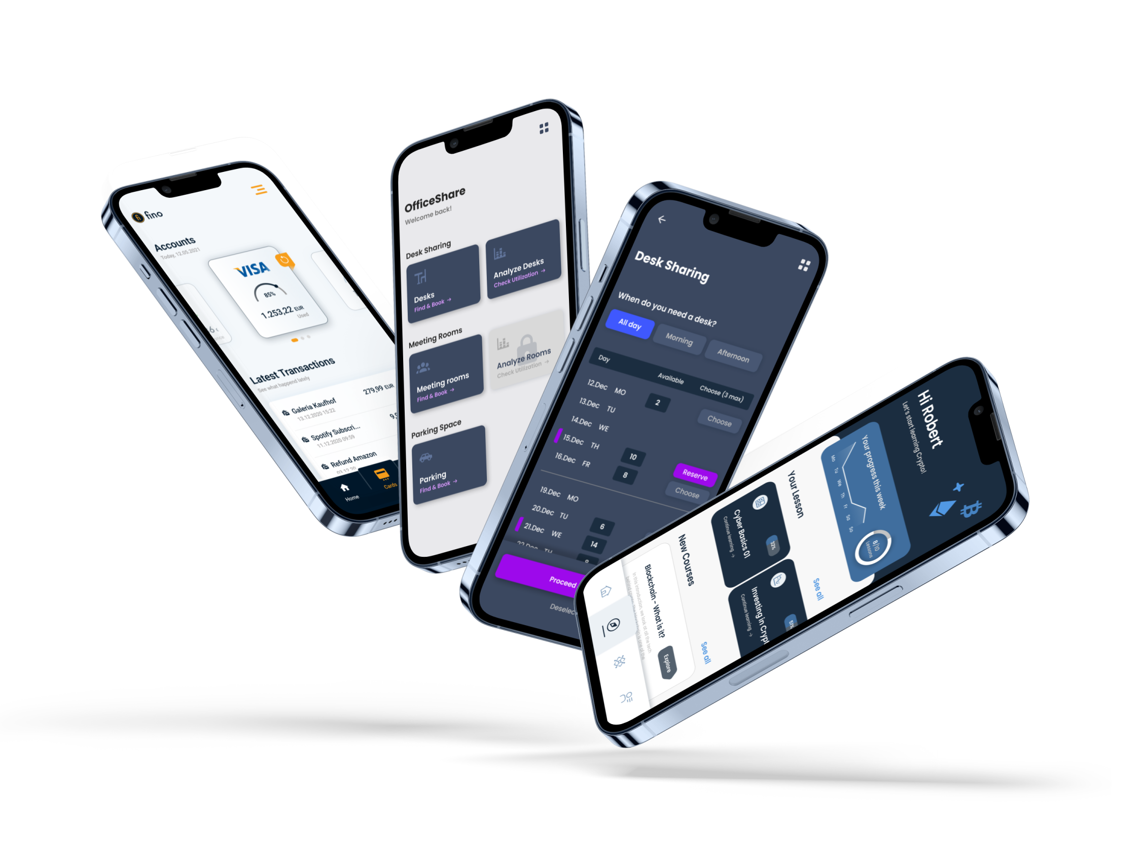 Four phones showing App Design projects