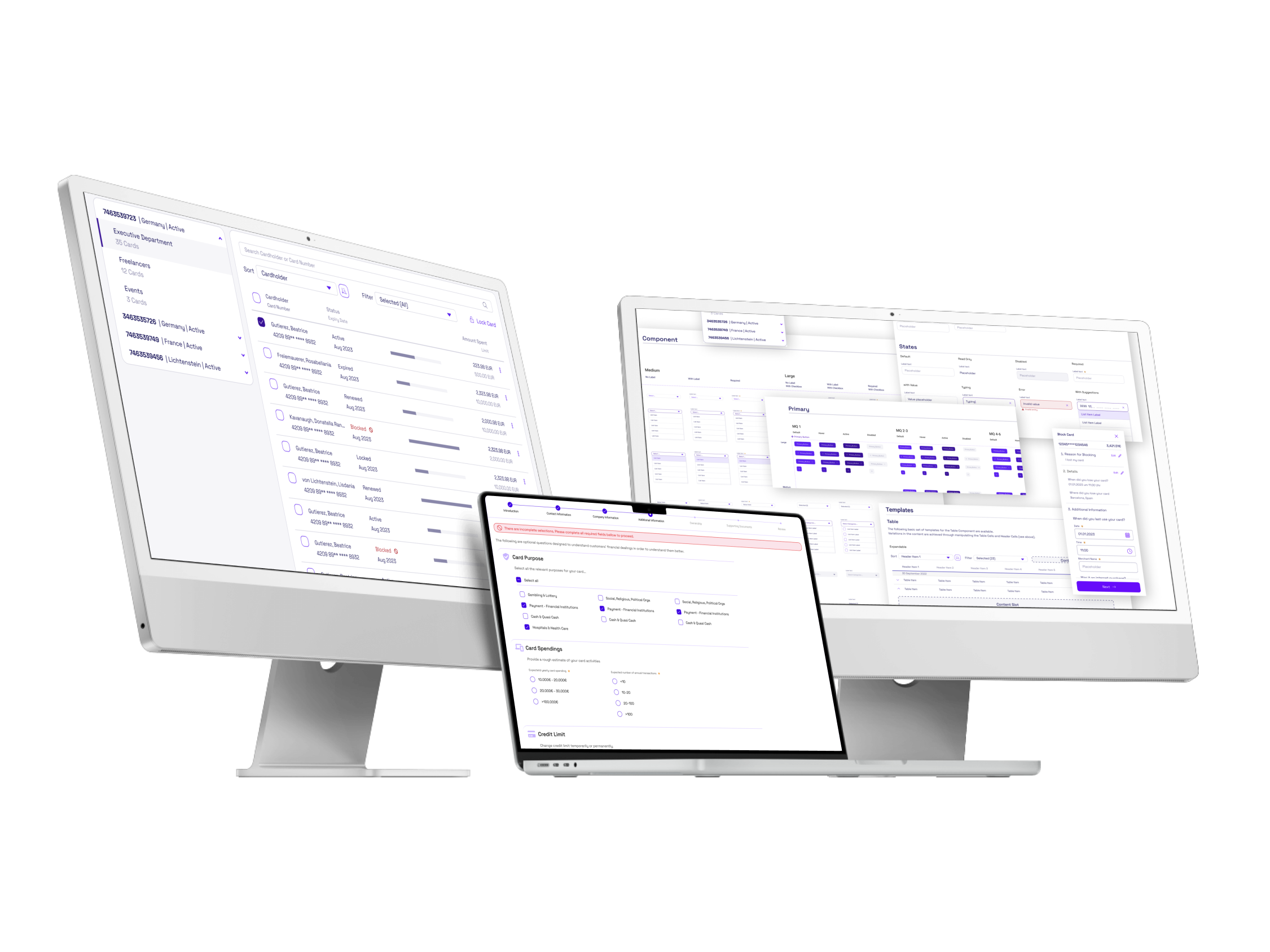 Three computer screens showing parts of a Design Management System