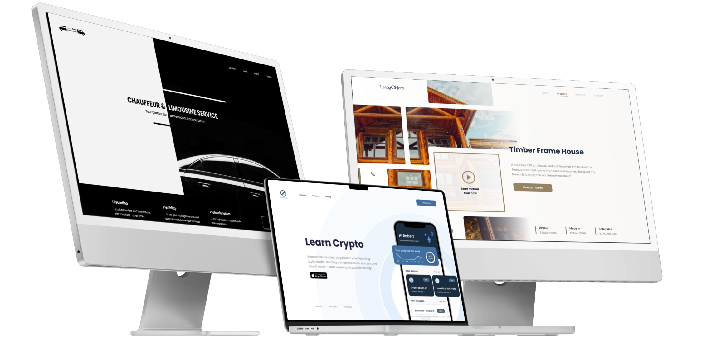Three computer screens showing website projects