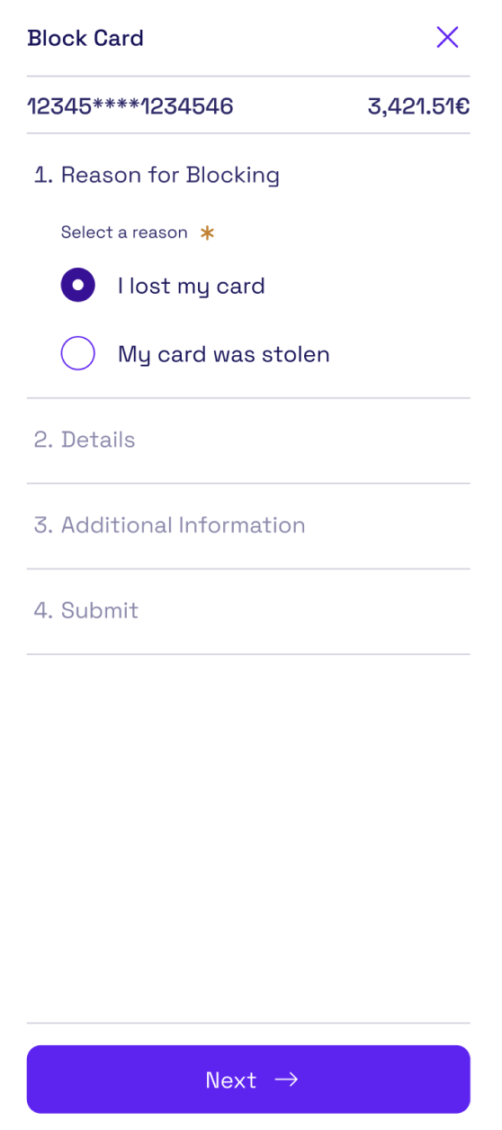App screen showing a card block process